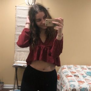 Long Long Sleeve Embroidered V-Neck Babydoll Top